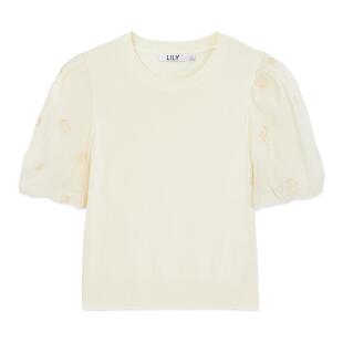 LILY官方夏新款女装优雅复古通勤款泡泡袖设计感修身T恤毛针织衫