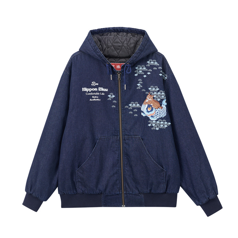 ONIARAI/鬼洗26秋新棒系列濒危猞猁鲤鱼牛仔连帽棉服男 N340271