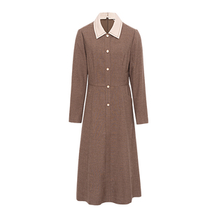 JESSIE时尚休闲撞色翻领中长款纯色长袖A字连衣裙女冬款百搭显瘦