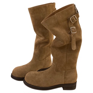 羊皮版~4CM增高美拉德西部靴显瘦秋冬季粗中跟厚底皮带扣长筒靴女