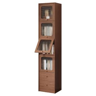 电视柜侧边窄立柜实木书柜客厅窄款陈列柜靠墙夹缝柜玻璃门中古风