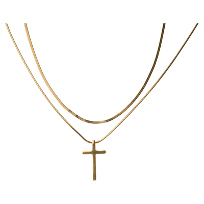 GuangYu金色双层叠戴十字架项链男女轻奢小众钛钢简约百搭锁骨链