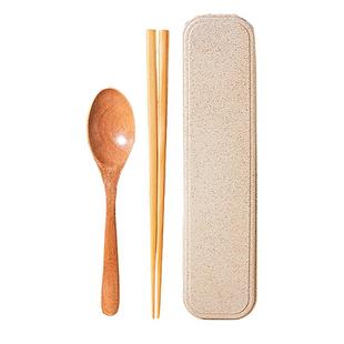 摩登主妇木筷子勺子套装便携式餐具收纳盒一人用学生上班族实木筷