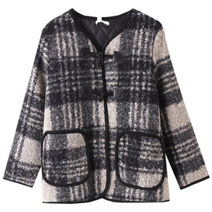 300斤遮肉夹棉格纹牛角扣大衣胖莹莹大码女装秋冬仿羊羔毛短外套