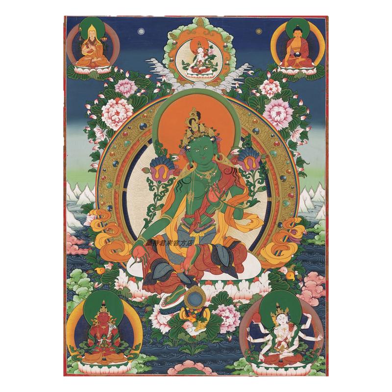 藏式唐卡《绿度母像》高清微喷复制西藏艺术布画客厅玄关佛堂挂画