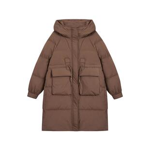 紫涵中长款连帽羽绒服女2025冬季新款微皱感牛筋收腰立领鸭绒外套