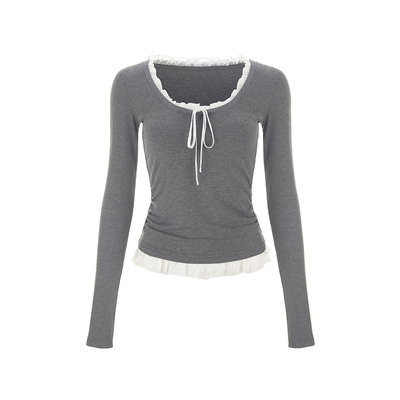 wanatry蝴蝶结修身浅花灰打底衫