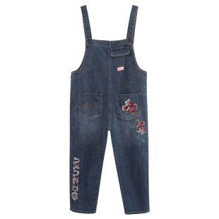 ONIARAI/鬼洗春夏新品泥棒蓝金鱼绣花女款牛仔背带裤 21N0442