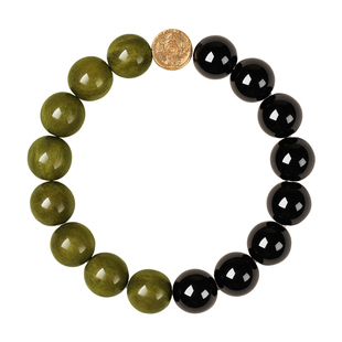 吉照堂天然绿檀木正品黑曜石手串女款转运珠手链男士木质手串佛珠