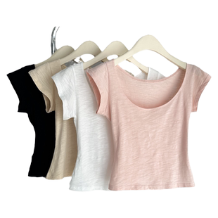 大领口U领竹节棉短袖T恤女夏季修身短款半袖韩系打底衫正肩上衣服