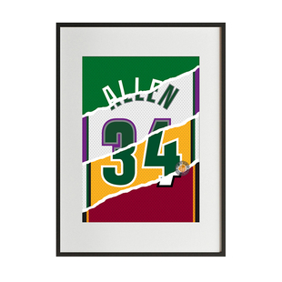 雷阿伦34号球衣拼接设计照片铝合金相框装饰画实木挂框球迷台