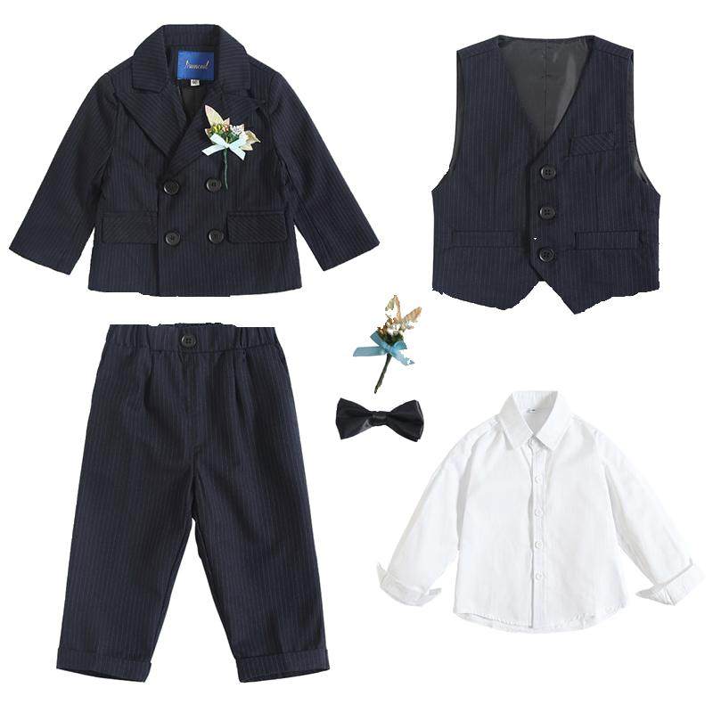 男童黑色条纹小西装儿童礼服马甲三件套2022新款英伦花童西服套装