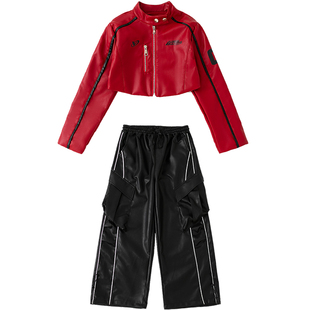 女童爵士舞潮酷机车风皮套装表演服摇滚女孩JAZZ街舞潮服演出服装