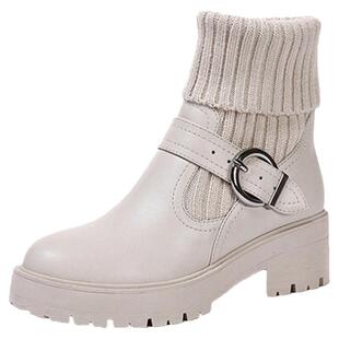 百搭丽娇乔真皮女靴毛线两穿短靴白色厚底马丁靴英伦粗跟靴子40码