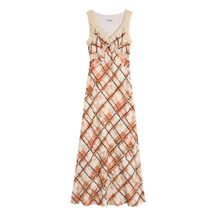 pusumede 复古色调 格纹吊带连衣裙女法式气质印花长裙度假背心裙