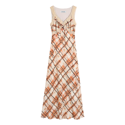 pusumede 复古色调 格纹吊带连衣裙女法式气质印花长裙度假背心裙