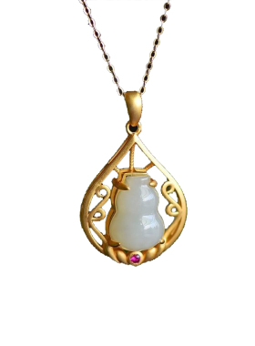 天然白玉宝葫芦古风沙金寓意吊坠