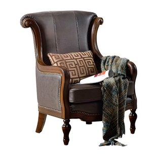 美式真皮休闲椅全实木单人轻奢老虎椅客厅高背懒人沙发椅