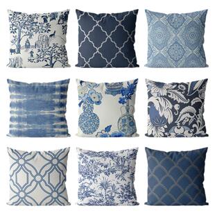 蓝色几何图案棉麻沙发靠垫双面印花美式抱枕床头大靠背办公椅腰靠