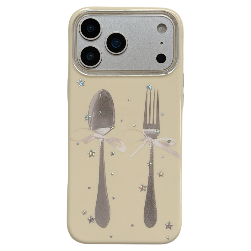 jze韩国ins奶黄色鎏金刀叉餐具适用苹果17ProMax手机壳iphone16pro新款17女款15pro小众个性14全包防摔手机套
