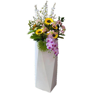 wo+向日葵蝴蝶兰飞燕草仿真花假花玻璃钢花瓶售楼处前台落地摆放