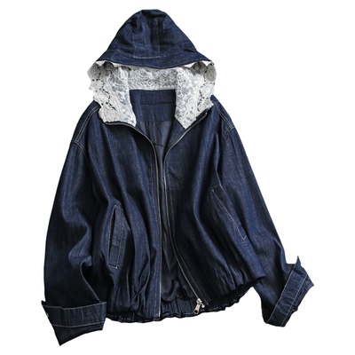 撞色蕾丝拼接连帽宽松廓形女外套