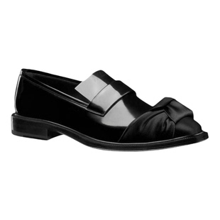 暗黑优雅亮面尖头德比鞋男一脚蹬蝴蝶结乐福鞋粗跟绸缎带正装皮鞋