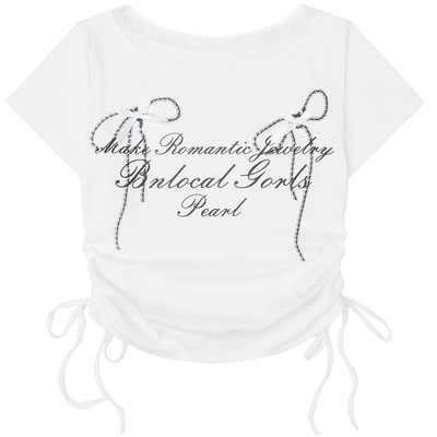 自然涩白色蕾丝边收腰正肩短袖T恤女夏季漂亮清纯系掐腰上衣春秋