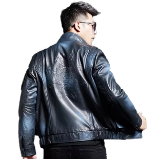 男士真皮皮衣海宁短款双色印花外套立领薄款油蜡绵羊皮皮夹克男潮