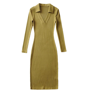 YoungGirlDay辣妹性感翻领深v弹力紧身显瘦长袖中长款包臀连衣裙