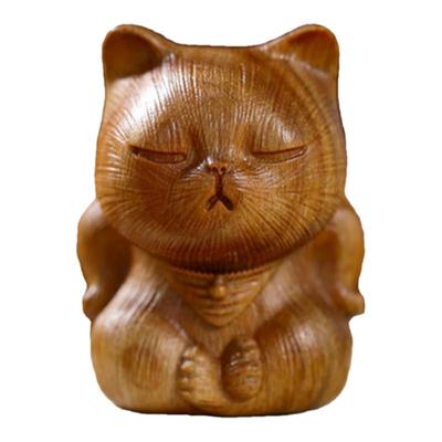 天然绿檀木雕刻可爱猫摆件