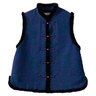 高定 填充100%桑蚕丝国风饕餮纹真丝锦油绸水貂毛棉服马甲外套女