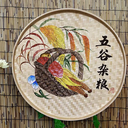 手绘竹编簸箕画农庄农家乐墙面装饰画农作物挂件蔬菜瓜果墙壁挂饰
