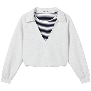 热风女士卫衣韩系假两件翻领卫衣2026年春季新款宽松条纹内搭上衣