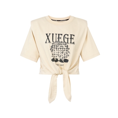 XG雪歌浅米色时尚印花垫肩T恤时尚秋季新款绑带设计感短袖上衣女