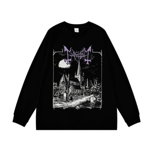 摇滚风Mayhem乐队黑色长袖印花T恤男女复古休闲宽版纯棉上衣春秋