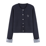 Basic House/百家好2025秋冬翻边针织衫韩版圆领格子拼接短款开衫