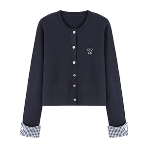 Basic House/百家好2025秋冬翻边针织衫韩版圆领格子拼接短款开衫