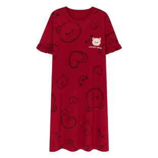 宜而爽夏日全棉新款卡通短袖中长款可爱睡衣女纯棉红色睡裙可外穿