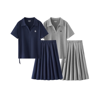 森马两件套纯棉polo衫伞裙套装女