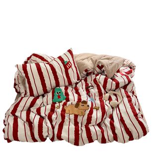 晚安猫红条纹可爱小狗毛巾绣四件套水洗棉被套宿舍三件套床单床品