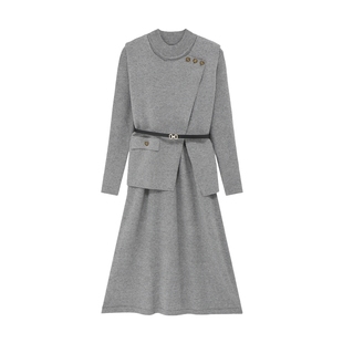 Basic House/百家好秋冬时尚套装圆领不规则马甲灰色连衣裙两件套