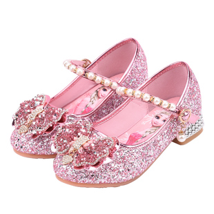 女童皮鞋爱莎公主鞋春秋新款儿童高跟鞋冰雪奇缘水晶鞋模特演出鞋