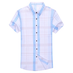 保罗男款冰丝短袖衬衫男弹力丝滑抗皱潮流免烫大码格子男装衬衣夏