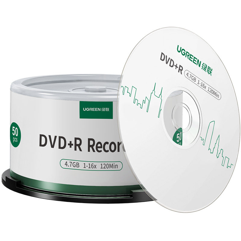 绿联DVD光盘空白刻录CD光盘录音dvd+r光碟片大容量16X档案级4.7G电脑刻碟系统光盘桶装50片10片cd-r车载光盘
