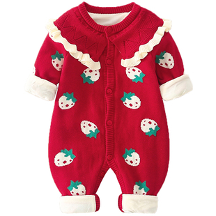 秋冬婴儿连体毛衣03-9个月公主纯棉可爱哈衣女宝满月红色衣服套装