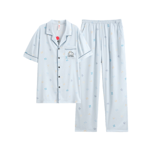 芬腾男士睡衣短袖长裤夏季冰丝薄款开衫休闲风大码夏天家居服套装