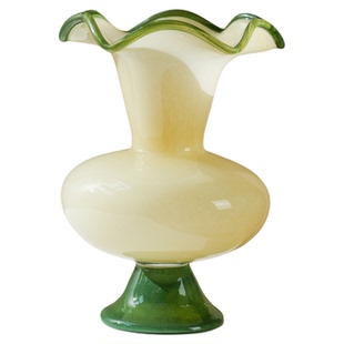 中古侘寂风绿色芬顿玻璃花瓶 家居玻璃拼色风灯花瓶插花花器装饰