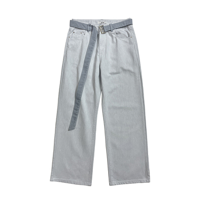 秋季淡蓝色腰带设计感直筒牛仔裤