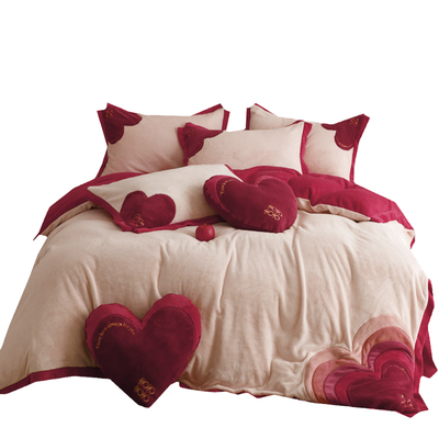 婚庆韩式红色爱心牛奶绒四件套